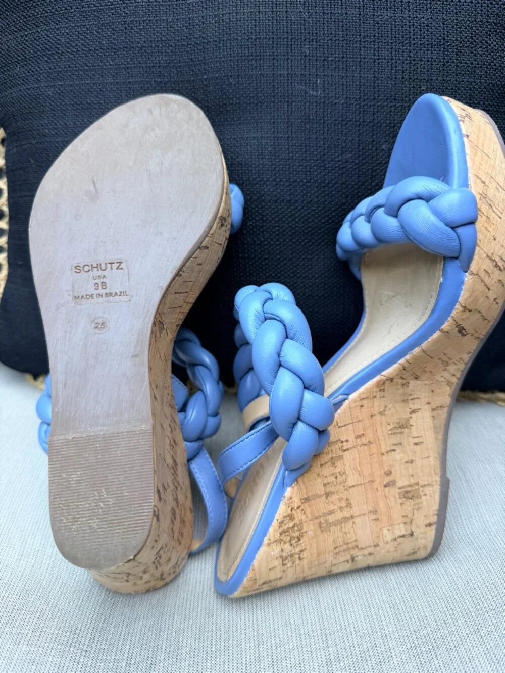 Schutz Cornflower/Periwinkle Blue Braided Leather Cork Platform Wedge Sandals 9